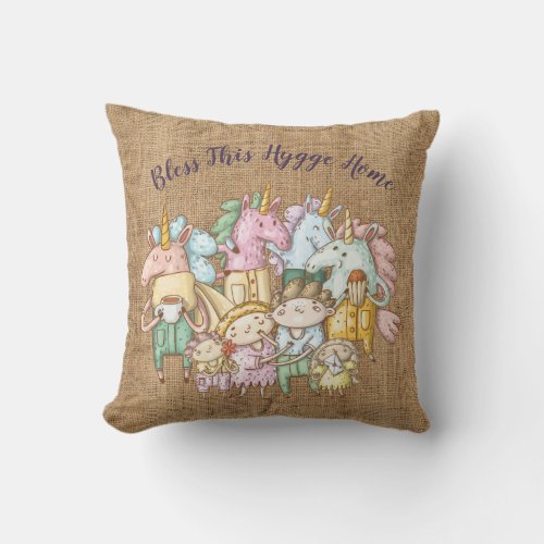 Bless This HYGGE Home Cozy Unicorn Family Burlap Throw Pillow