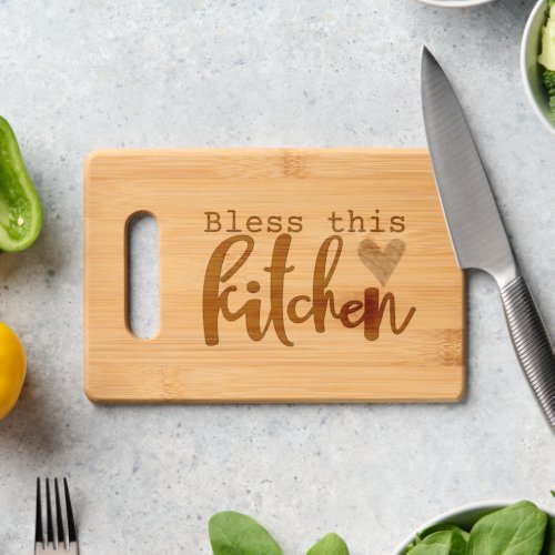 Bless This Kitchen Heart Laser Etched Bamboo  Cutting Board