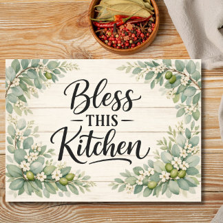Bless This Kitchen Vintage Eucalyptus Farmhouse Cutting Board