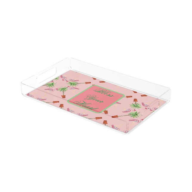 Bless Your Heart Pink Flamingo Flamingos Palm Acrylic Tray (Angled)
