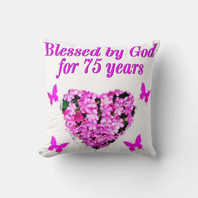 BLESSED 75TH BIRTHDAY FLORAL DESIGN THROW PILLOW (Front)