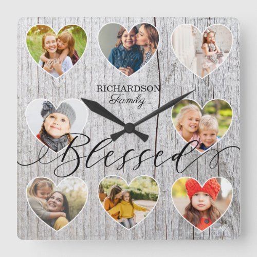 Blessed 8 Photo Collage Heart Frame Grey Wood Square Wall Clock