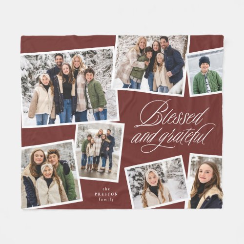 Blessed and grateful photo collage maroon fleece blanket