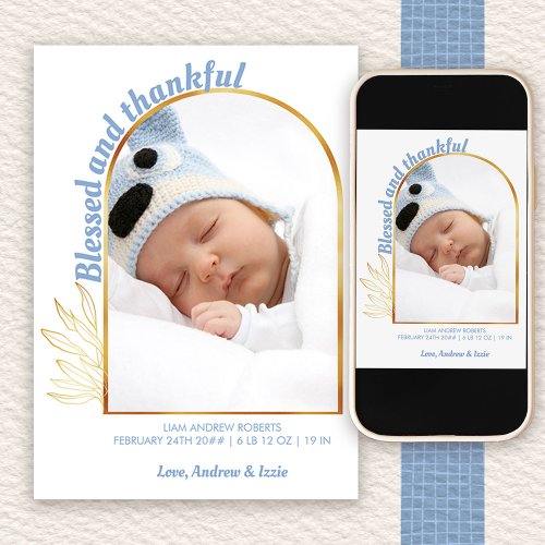 Blessed and Thankful Gold Arch Photo Blue Birth Announcement