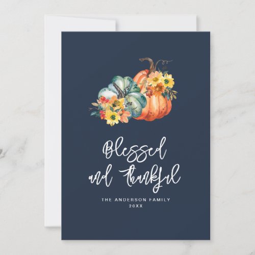 Blessed and thankful navy blue thanksgiving holiday card