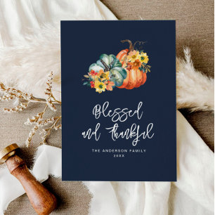 Blessed and thankful navy blue thanksgiving holiday card