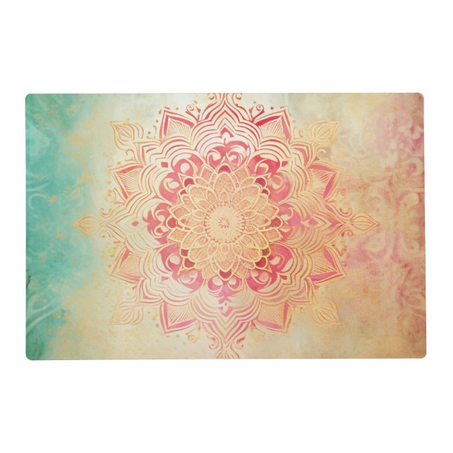 *~* BLESSED AP2 SACRED Gold Rainbow Pastel Mandala Placemat (Front)