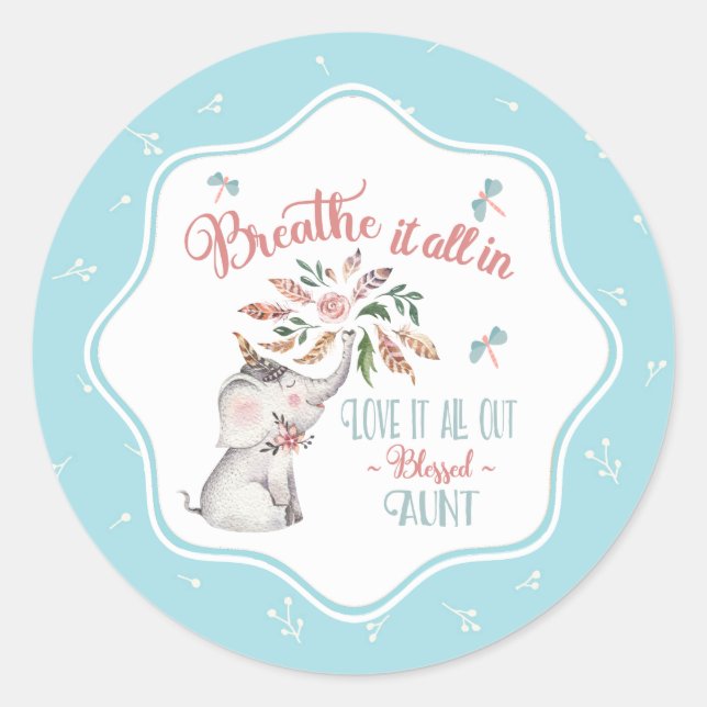 Blessed Aunt Elephant and Dragonfly Gift Classic Round Sticker (Front)