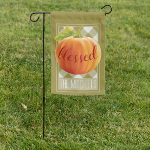 Blessed Autumn Harvest Pumpkin On Gingham Garden Flag