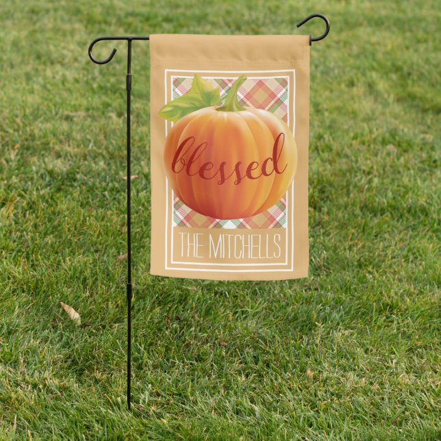 Blessed Autumn Harvest Pumpkin On Gingham Garden Flag (In SItu)