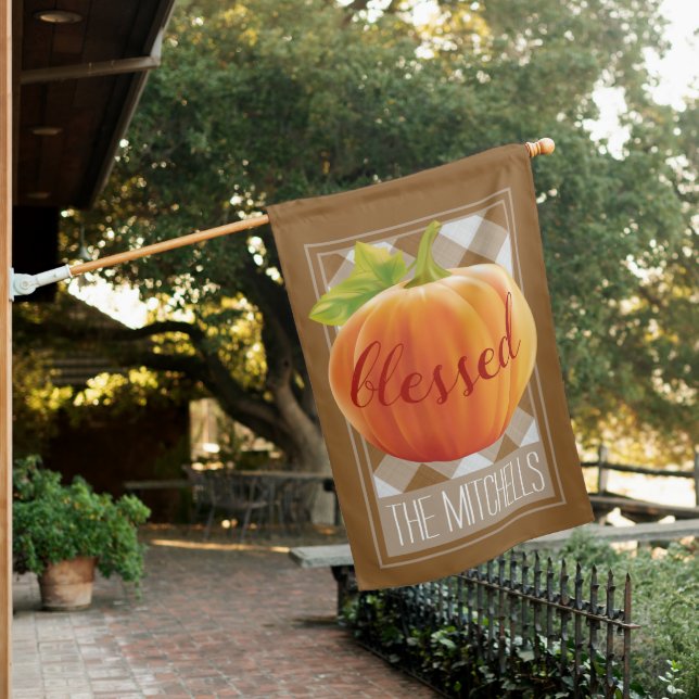 Blessed Autumn Harvest Pumpkin On Gingham House Flag (In SItu)