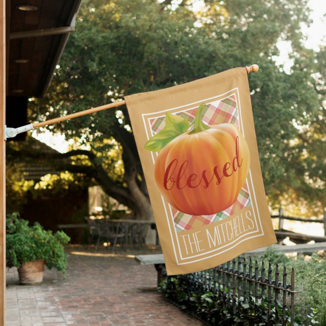 Blessed Autumn Harvest Pumpkin On Gingham House Flag (In SItu)
