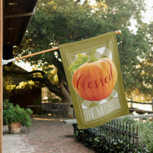 Blessed Autumn Harvest Pumpkin On Gingham House Flag