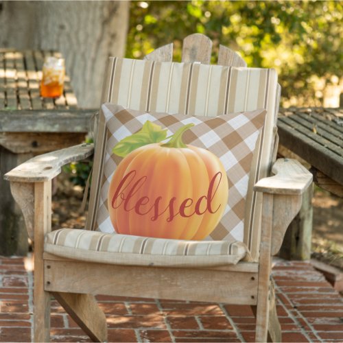 Blessed Autumn Harvest Pumpkin On Gingham Outdoor Pillow