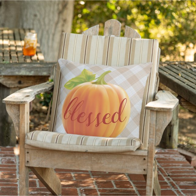 Blessed Autumn Harvest Pumpkin On Gingham Outdoor Pillow (Chair)