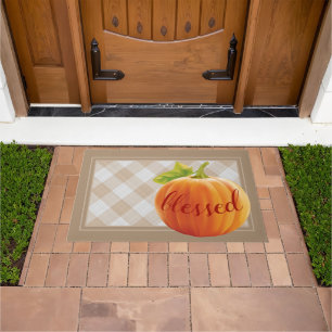 Blessed Autumn Harvest Pumpkin On Gingham Welcome Doormat