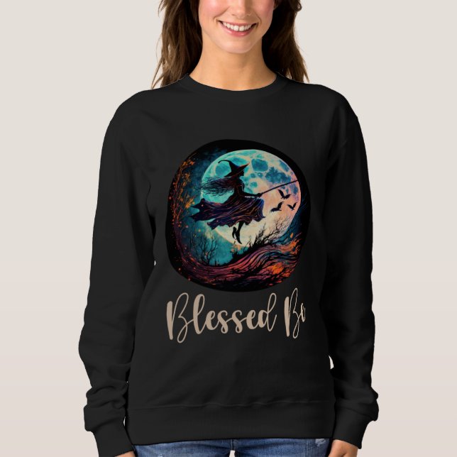 Blessed Be Retro Witch On A Broom Mystical Sweatshirt (Front)