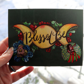 Blessed Be Triple Moon Goddess Holly Yule          Holiday Postcard
