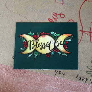 Blessed Be Triple Moon Goddess Holly Yule    Holiday Postcard