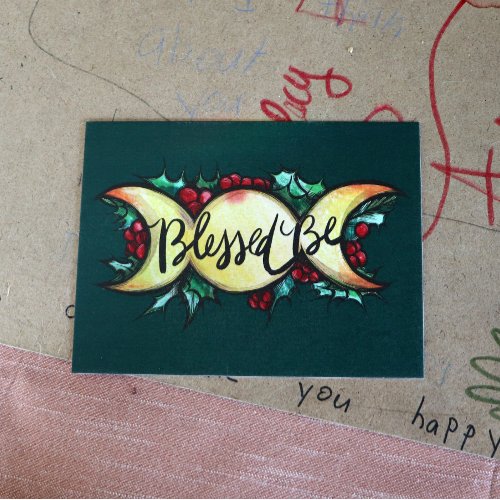 Blessed Be Triple Moon Goddess Holly Yule    Holiday Postcard