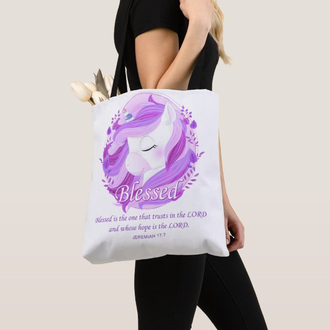 Blessed Bible Verse: Women's Christian Unicorn Tote Bag (Close Up)