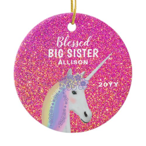 Blessed Big Sister Unicorn Pink Glitter Monogram Ceramic Ornament
