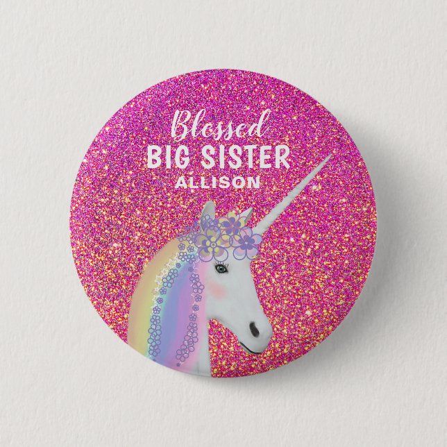 Blessed Big Sister Unicorn Pink Glitter Name Button (Front)