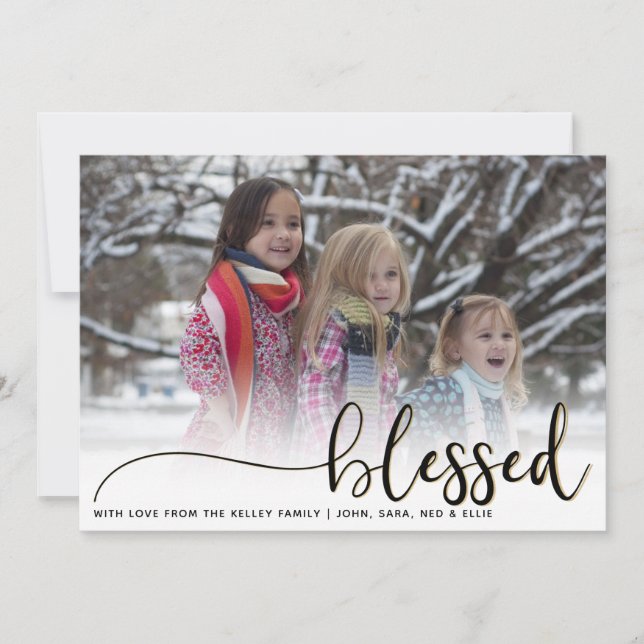 Blessed, Black and Gold Large Photo Holiday Card (Front)
