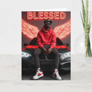 Blessed Black Man-Urban Neon Angel Wings Birthday Card