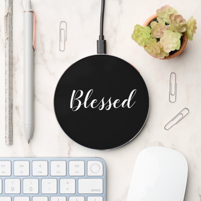 Blessed black script calligraphy modern elegant wireless charger  (Desk)