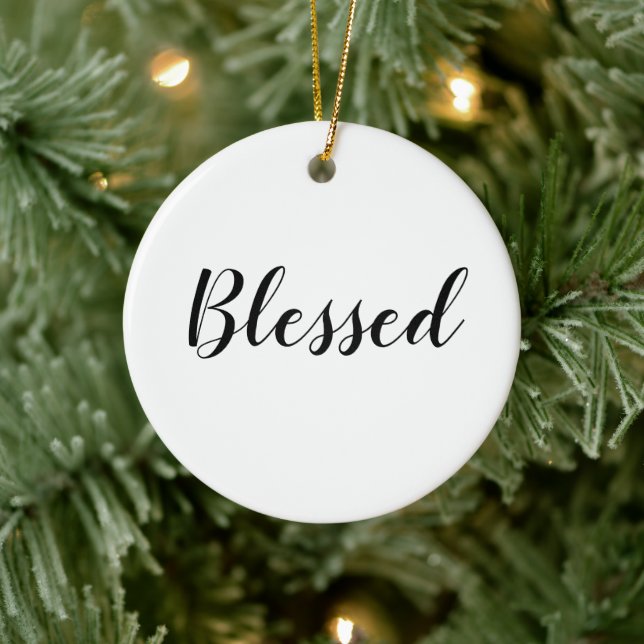 Blessed black white custom script cute Christmas Ceramic Ornament (Tree)