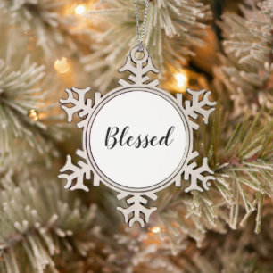 Blessed black white custom script cute snowflake pewter christmas ornament