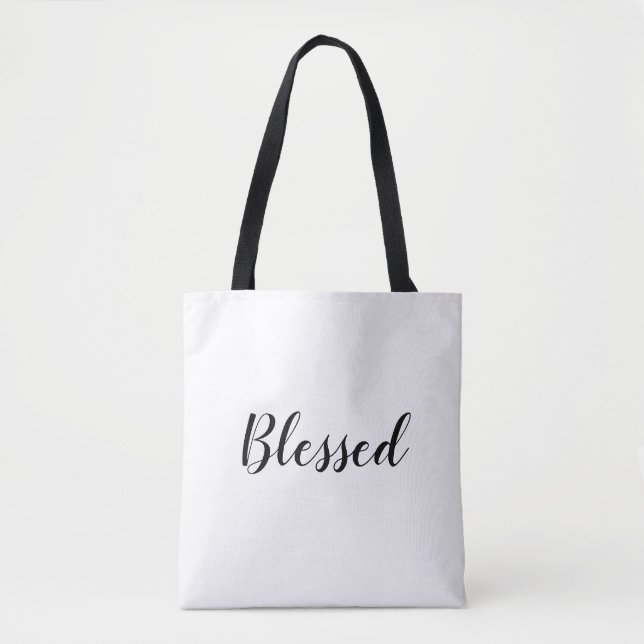Blessed black white custom script text cute tote bag (Front)