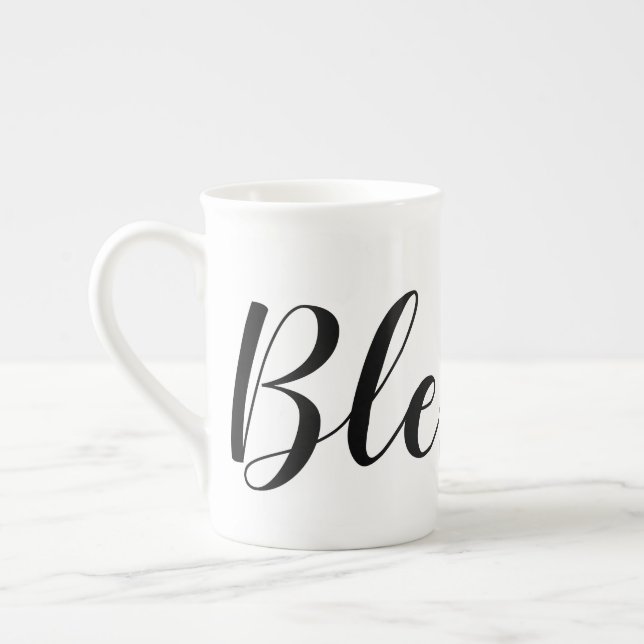 Blessed Black White Modern Script Christian Bone China Mug (Left)