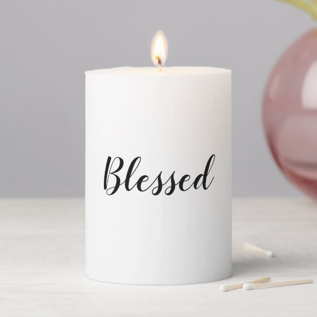 Blessed black white modern script thanksgiving pillar candle (In Situ)