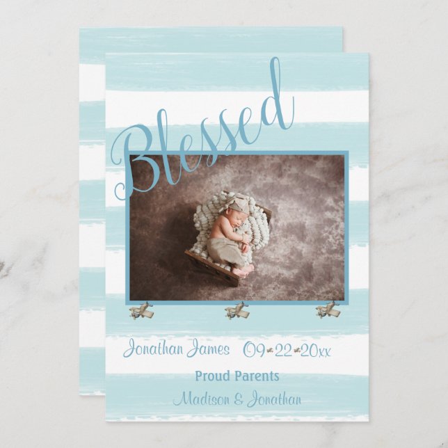 Blessed Blue Photo Script Personalize Boy Birth Announcement (Front/Back)