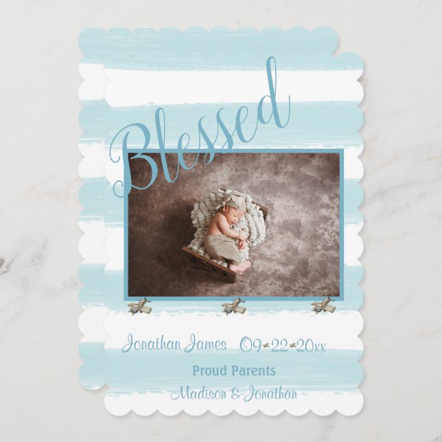 Blessed Blue Photo Script Personalize Boy Birth Announcement (Front/Back)