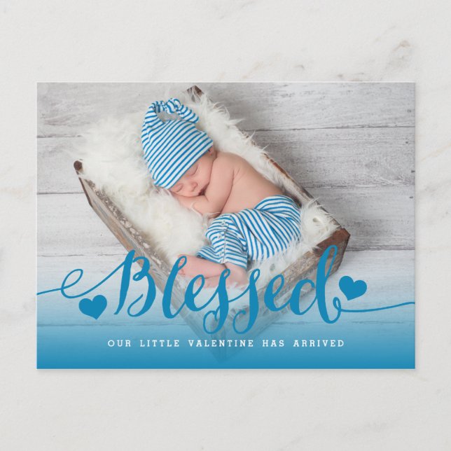 Blessed | Blue Valentine Birth Announcement Postcard (Front)