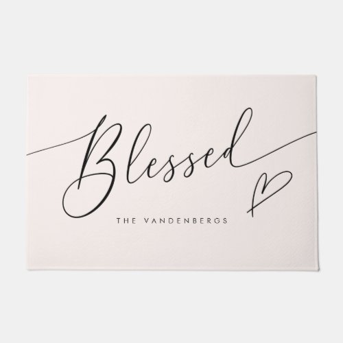 Blessed Blush Pink Heart Typography Doormat