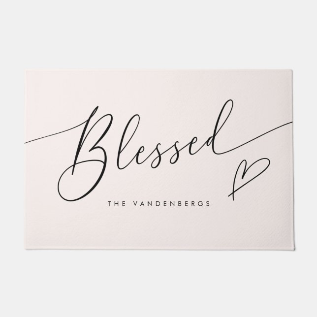 Blessed Blush Pink Heart Typography Doormat (Front)