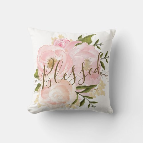 BLESSED  Blush Pink Watercolor Floral Peonies Throw Pillow