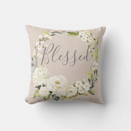 Blessed Blush PInk Watercolor Floral Rose Wreath Throw Pillow