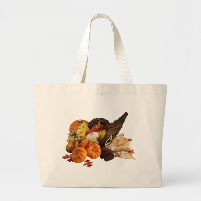 Blessed Bountiful Harvest Colorful Cornucopia Large Tote Bag (Front)