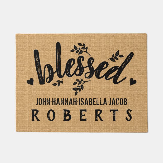 Blessed Burlap Farmhouse Leaves Hearts Custom Doormat (Front)