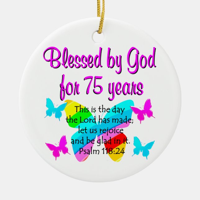 BLESSED BUTTERFLY 75TH BIRTHDAY DESIGN CERAMIC ORNAMENT (Front)