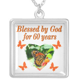 BLESSED BY GOD 60TH BIRTHDAY BUTTERFLY DESIGN SILVER PLATED NECKLACE