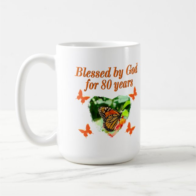 BLESSED BY GOD FOR 80 YEARS BUTTERFLY PHOTO COFFEE MUG (Left)