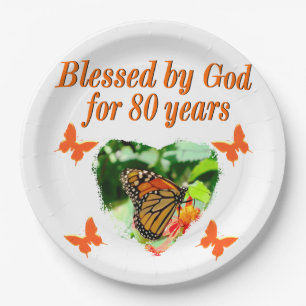 BLESSED BY GOD FOR 80 YEARS BUTTERFLY PHOTO PAPER PLATES