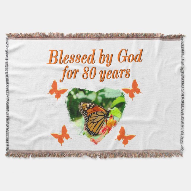 BLESSED BY GOD FOR 80 YEARS BUTTERFLY PHOTO THROW BLANKET (Front)