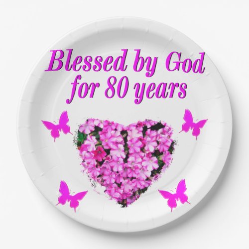 BLESSED BY GOD FOR 80 YEARS FLORAL DESIGN PAPER PLATES